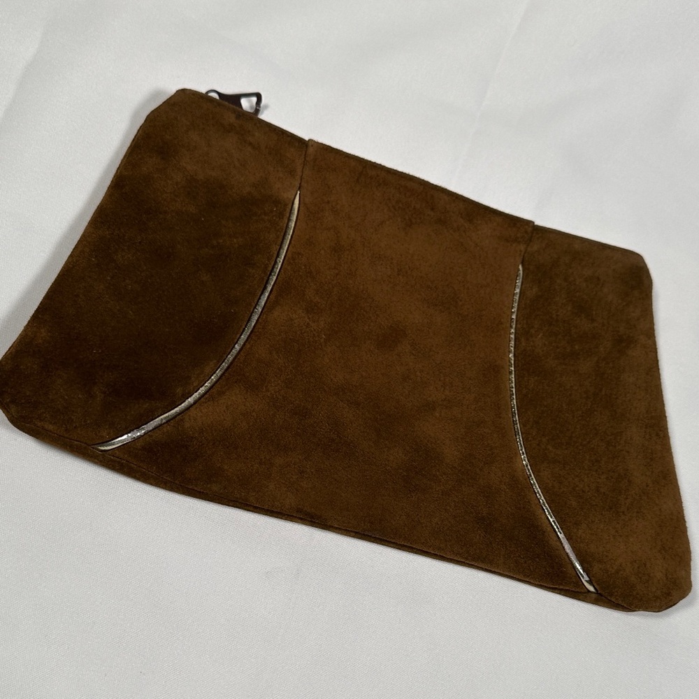 Brown Suede & Leather Zippered Clutch Bag with Gold Front Line Italy Vintage - Picture 2 of 8